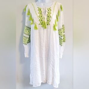 L NWT Chealsea & Theodore Tassel Embroidered Tribal Boho Shift Dress Cotton Midi